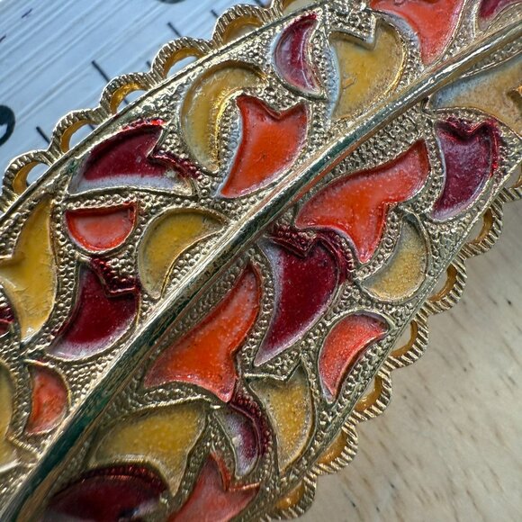 Vintage Gold-Tone Enamel Leaf Brooch With Intricate Red Orange & Yellow Design - Picture 6 of 9